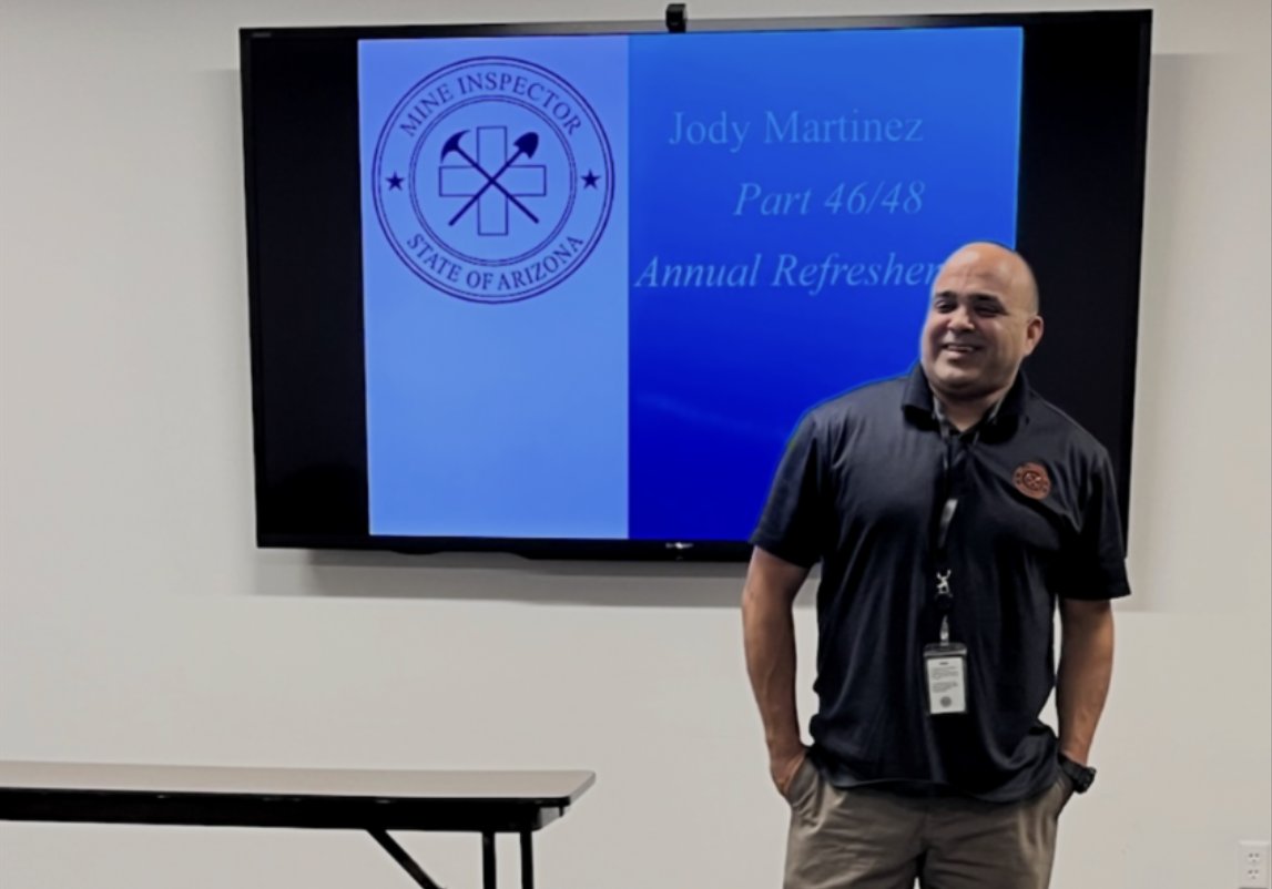 Jody Martinez presenting Part 46/48 Annual Refresher training with the Arizona State Mine Inspector seal on screen